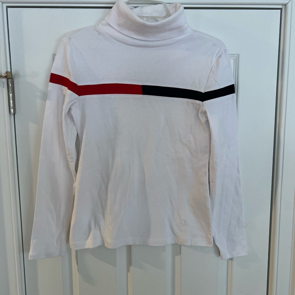 Ladies Size S/P "Tommy Hilfiger" White Turtleneck with Red and Black Accents GUC